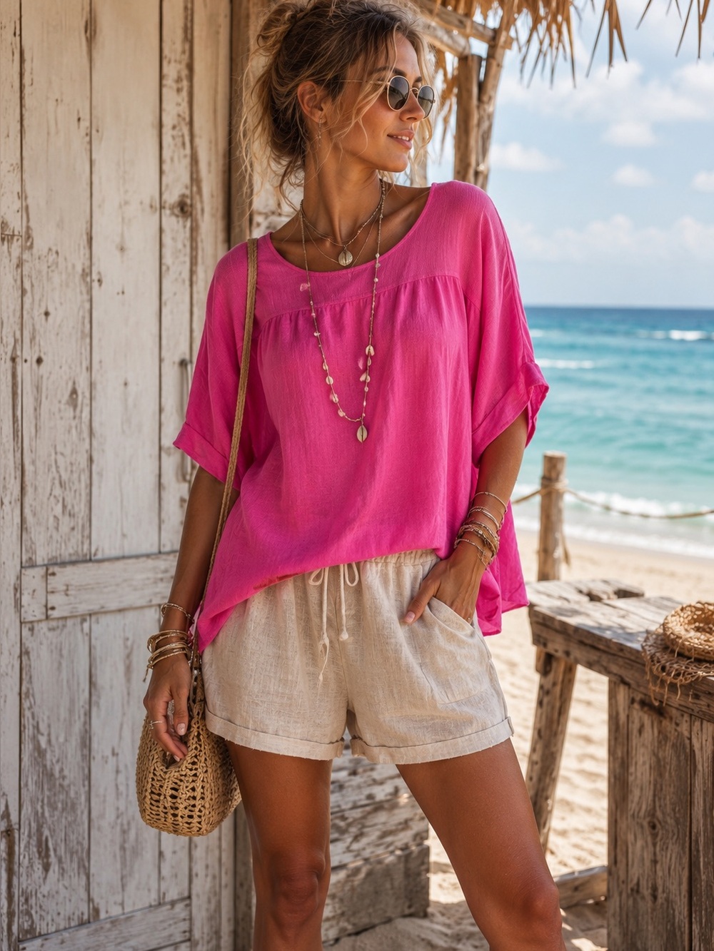 Relaxed Pink Beach Tunic Top - Lightweight Women's Summer Blouse